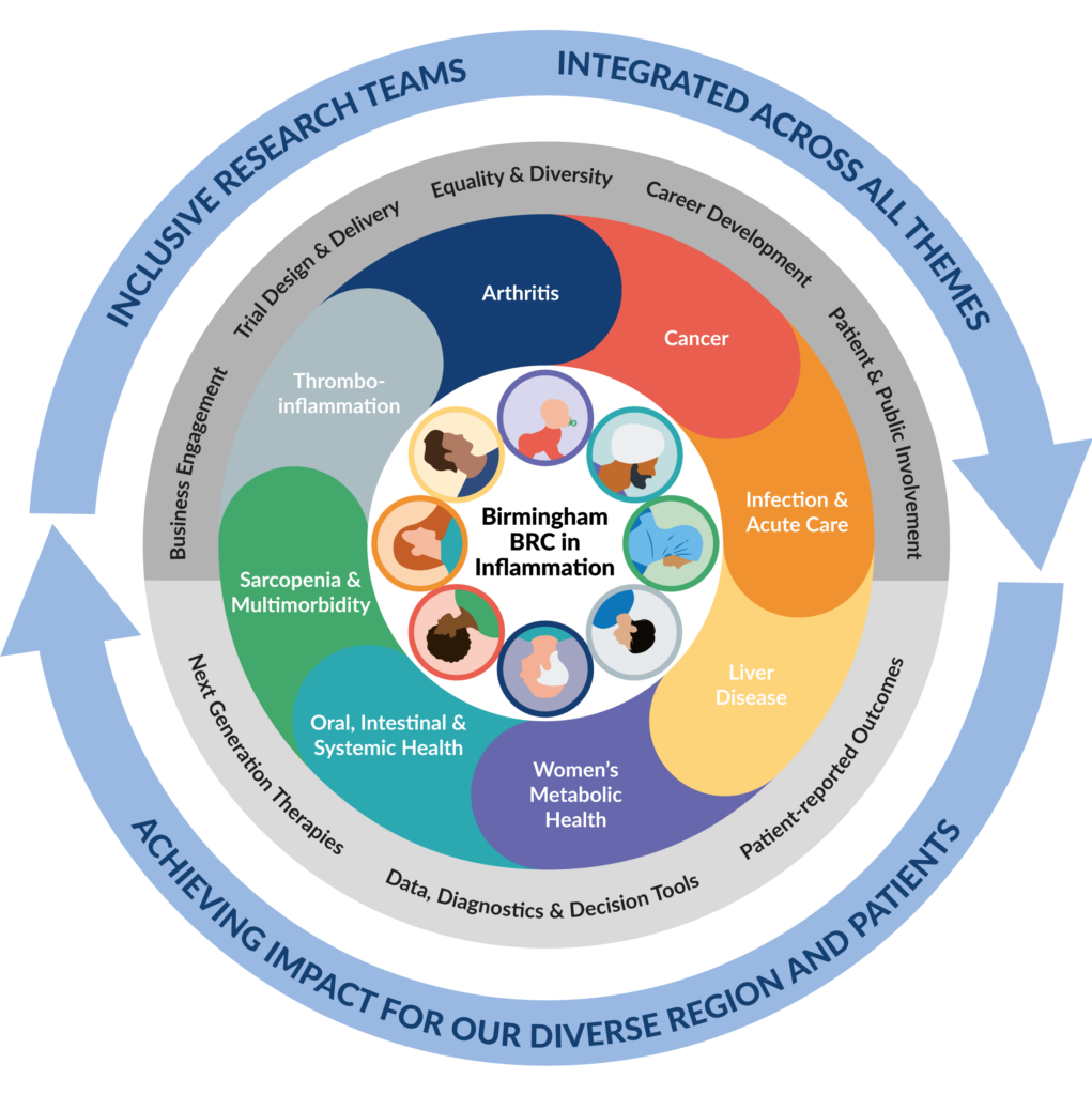 Diagram displaying the core areas and 11 research themes of the Birmingham BRC programme 