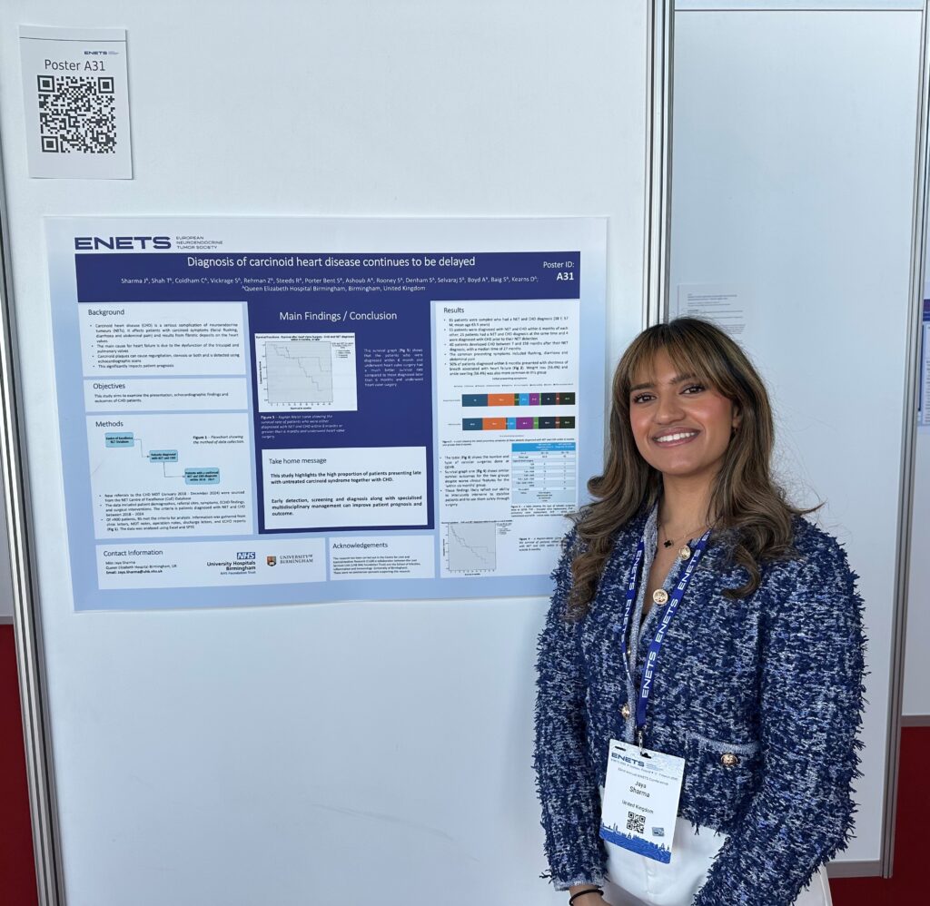 Jaya Sharma, Data Manager, next to her poster at the annual European Neuroendocrine Tumour Society (ENETS) conference.